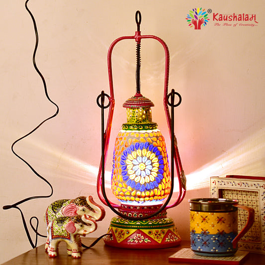 Hand Painted Lantern with Bulb : Ethnic Mosaic Bed Side Lamp, Pink & Yellow