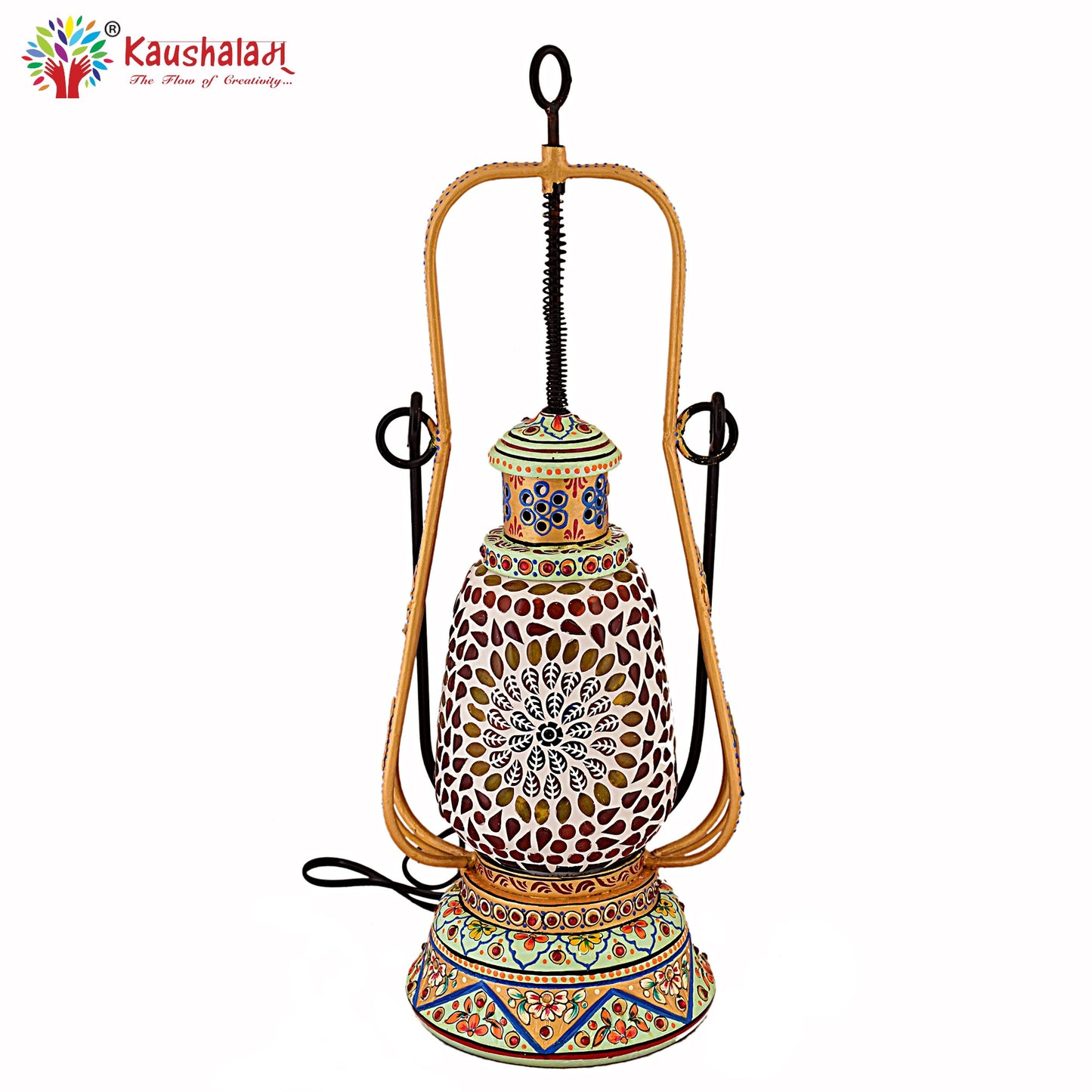 Hand Painted Lantern with Bulb : Ethnic Mosaic Lantern Lamp, Gold & Aqua Green