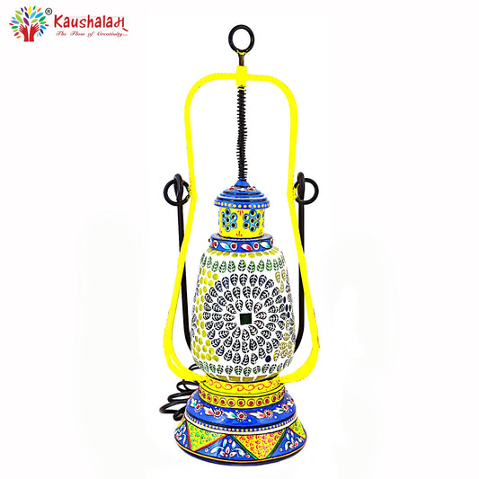 Hand Painted Lantern with Bulb : Ethnic Mosaic Bed Side Lamp, Turquoise-blue & Lemon Yellow