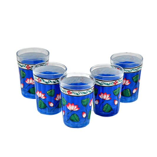 Hand Painted Tea Glass set of 6 : Blue Pichwai