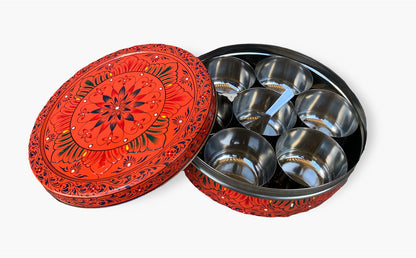 Hand Painted Spice Box - Orange Masala Box, Spice Containers, Indian Masala Daani