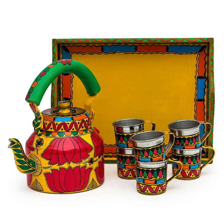 Kaushalam Hand painted tea set with tray and 6 cups: Festive Gift, Gift for Her, A prefect gift combo, Housewarming gift