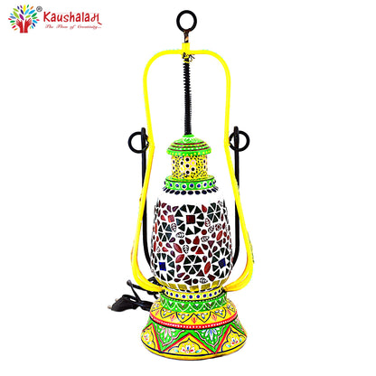 Hand Painted Lantern with Bulb : Ethnic Mosaic Lantern Lamp, Yellow & Parrot green