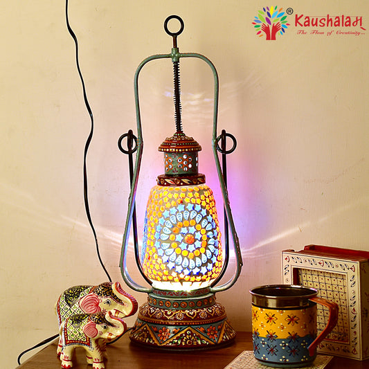 Hand Painted Lantern with Bulb : Ethnic Mosaic Lantern Lamp, Brownish Red & Aqua Blue