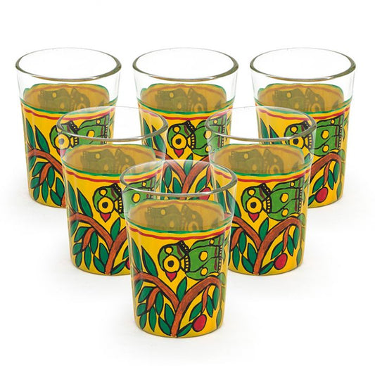 Hand Painted Tea Glass set of 6- Parrots on the tree