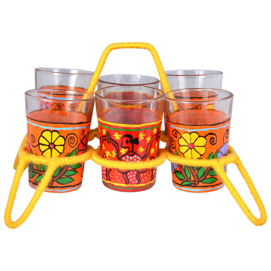 Hand Painted tea glass set of six with stand ; "Chikha with glasses" : Madhbuni