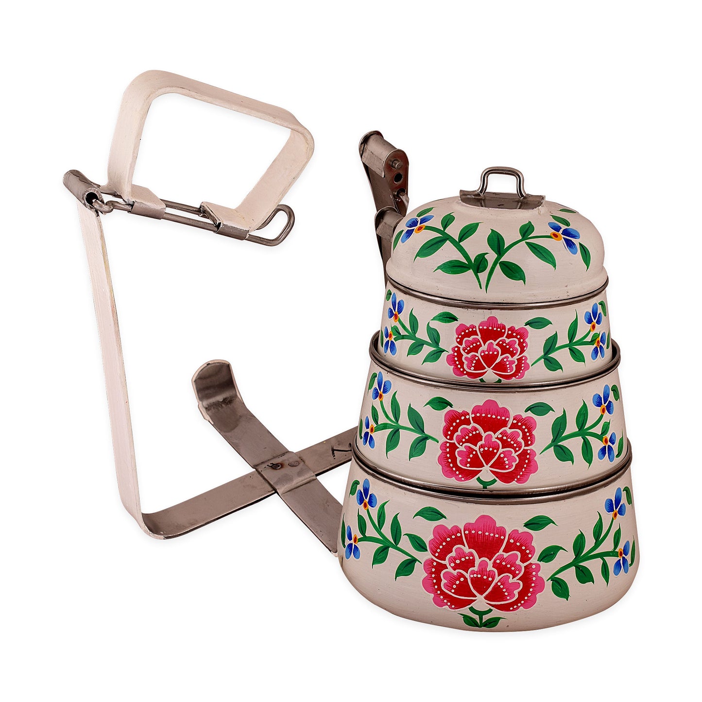 Hand Painted 3 Tier Steel Lunch Box- White Floral Kashmiri Art Tiffin