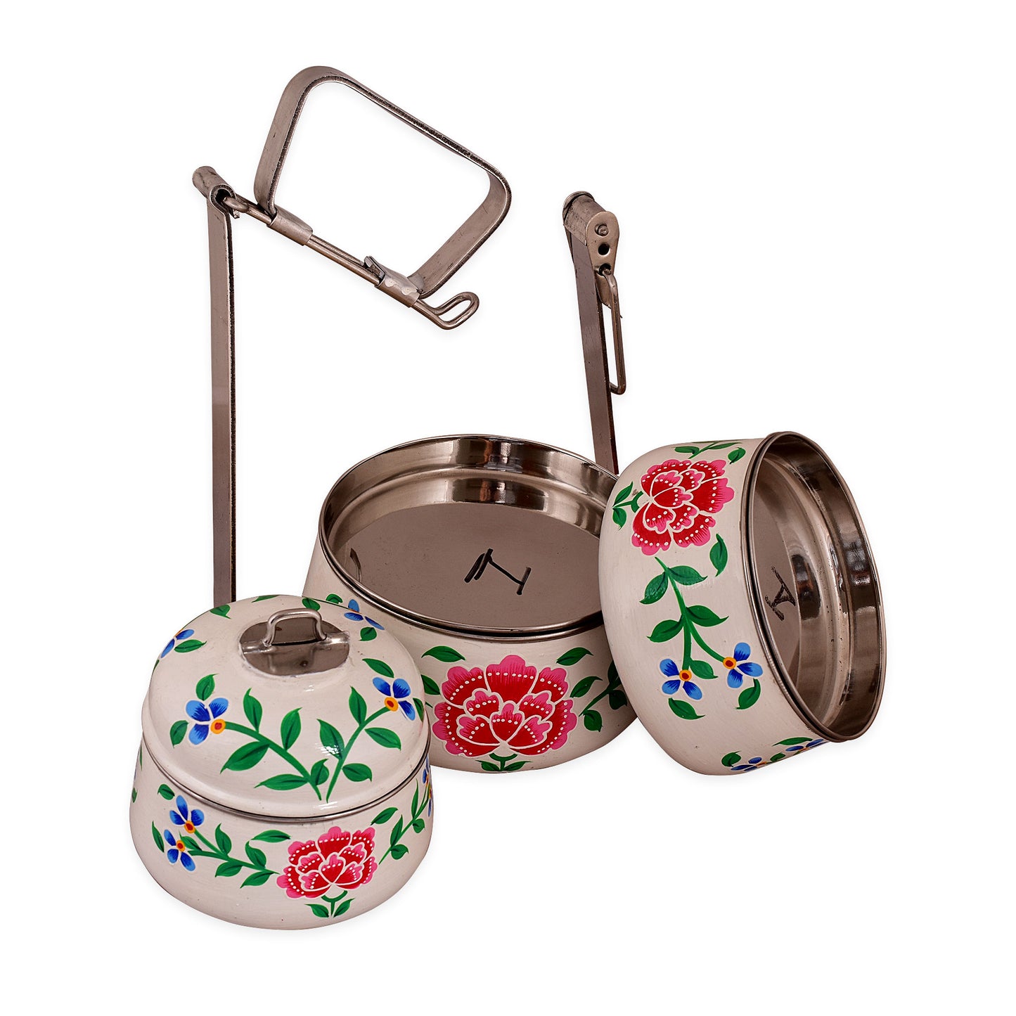 Hand Painted 3 Tier Steel Lunch Box- White Floral Kashmiri Art Tiffin