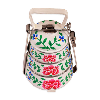 Hand Painted 3 Tier Steel Lunch Box- White Floral Kashmiri Art Tiffin