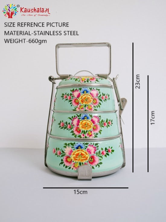 Hand Painted 3 Tier Steel Pyramid Lunch Box-  Yellow Floral Kashmiri