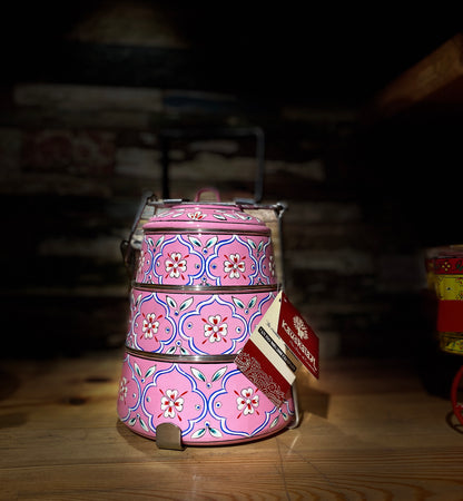 Hand Painted 3 Tier Steel Lunch Box- Indian-style tiffin carrier, Bombay Dabba