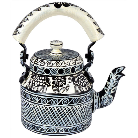 Kaushalam Tea Kettle: Celebration Black & White Madhubani Artwork