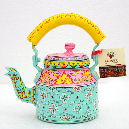 Hand Painted Tea Kettle :  "HABIBI" Pink & Aqua Green