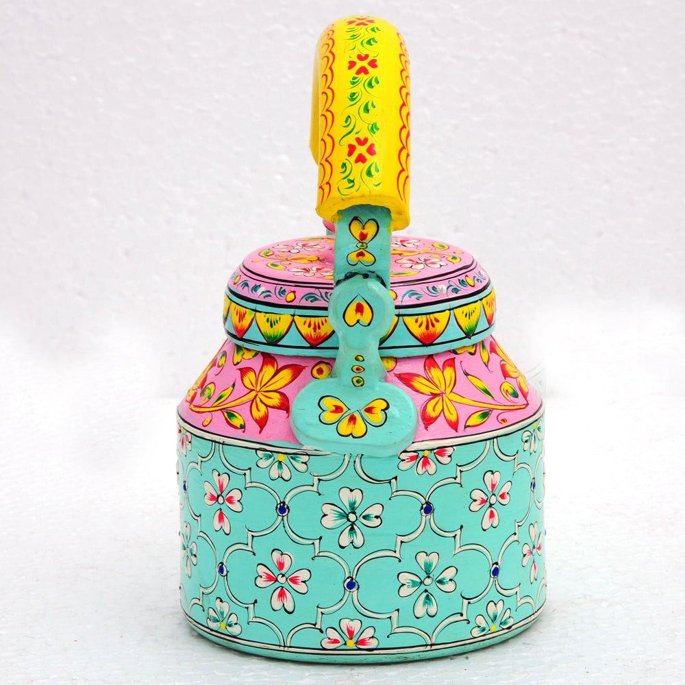 Hand Painted Tea Kettle :  "HABIBI" Pink & Aqua Green