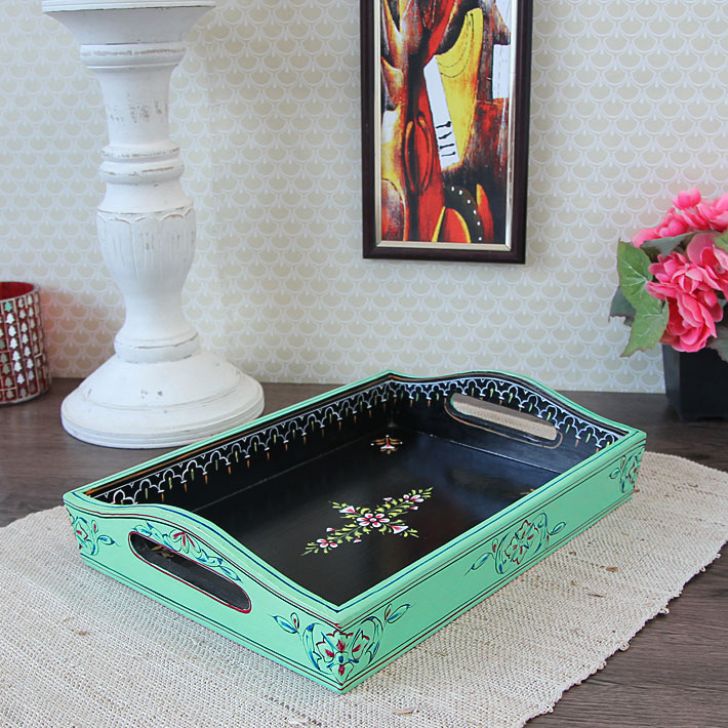 HANDPAINTED TRAY: BLACK, SEA GREEN