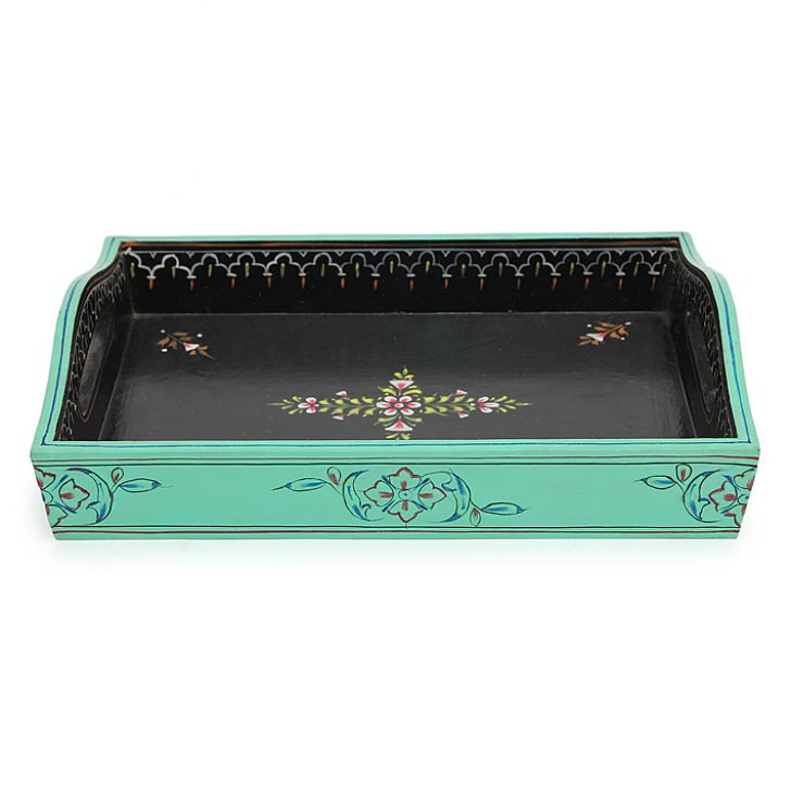 HANDPAINTED TRAY: BLACK, SEA GREEN