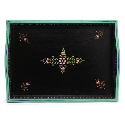 HANDPAINTED TRAY: BLACK, SEA GREEN