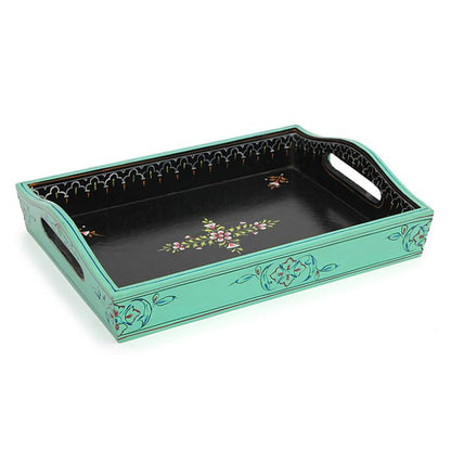 HANDPAINTED TRAY: BLACK, SEA GREEN