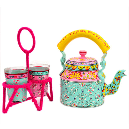 Hand Painted Tea set with Tea glasses and stand : Pink & Aqua Green Tea Set