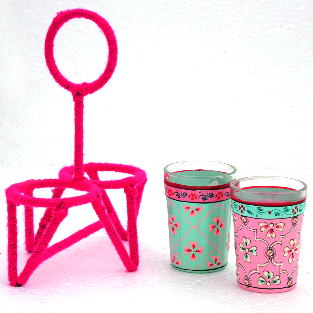 Hand Painted Tea set with Tea glasses and stand : Pink & Aqua Green Tea Set