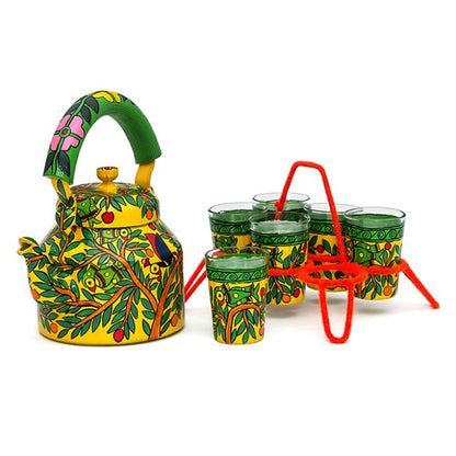 Kaushalam Tea Kettle with six glasses and stand: Parrots on tree