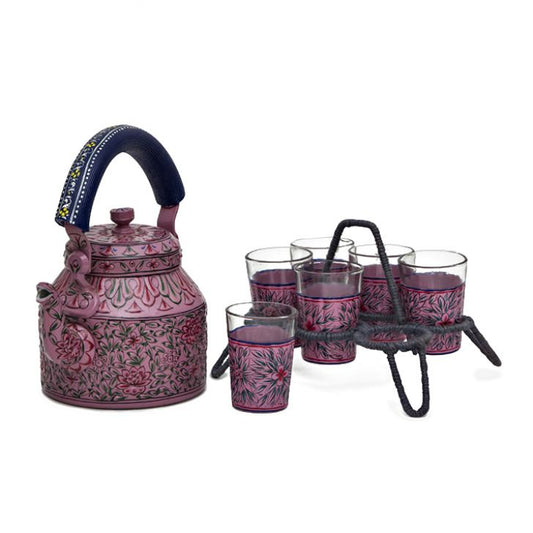 Kaushalam Tea Kettle with six glasses and stand: Pink Passion