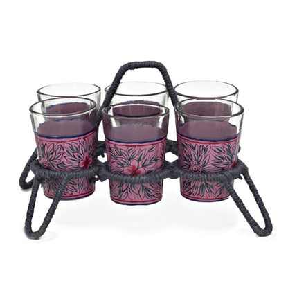 Kaushalam Tea Kettle with six glasses and stand: Pink Passion