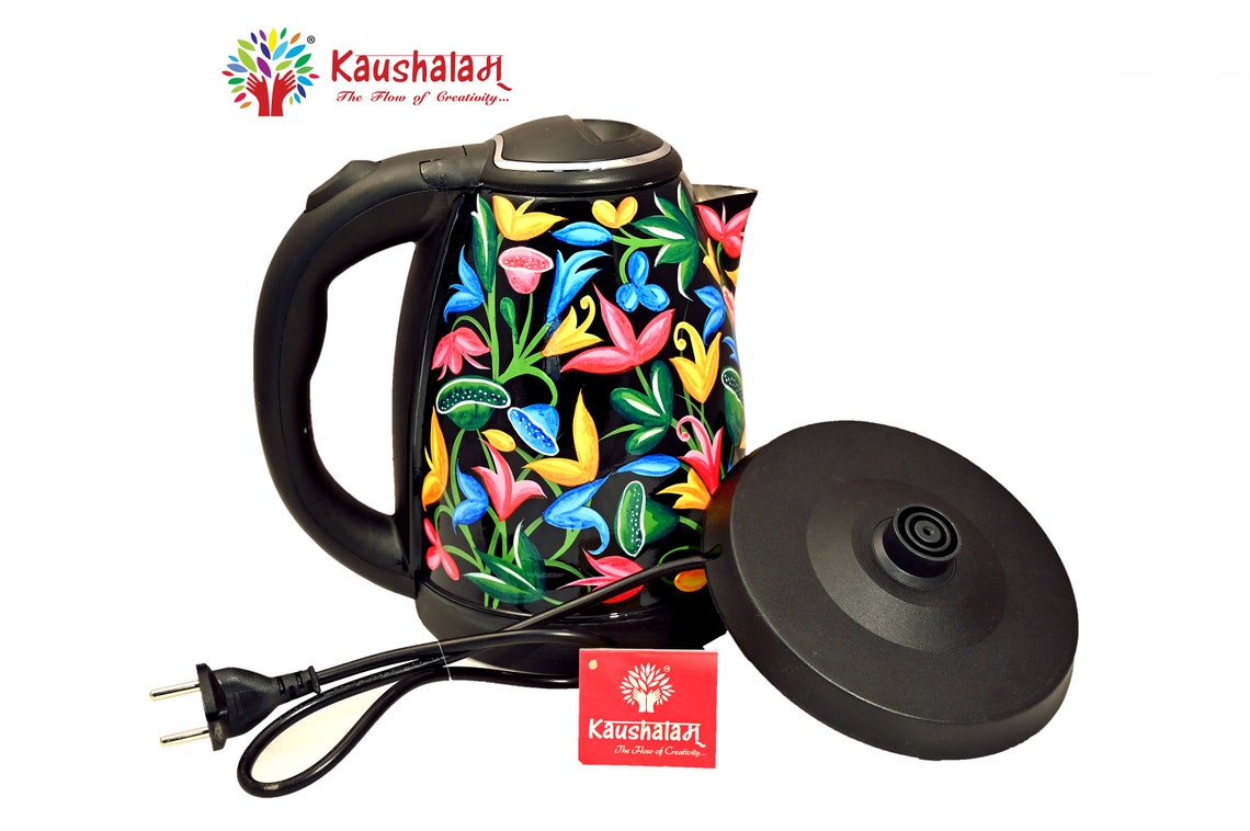  Hand Painted Electric Tea Kettle Hot Water Kettle for Tea & Coffee: Black Kashmiri Art