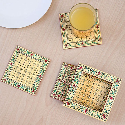 hand Painted Coasters - Elegant White, Mughal Art