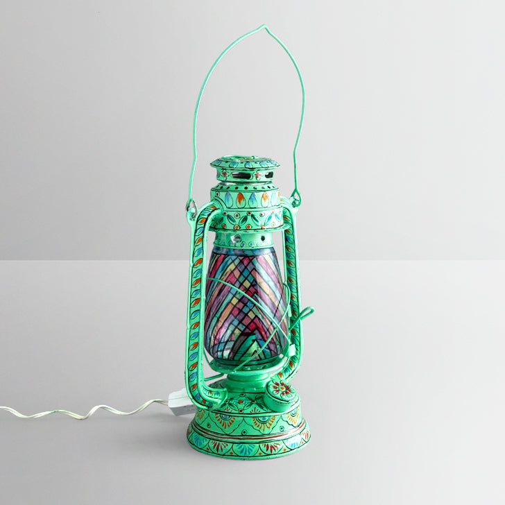 Hand Painted Hurrican Lantern with Bulb : Aqua Green