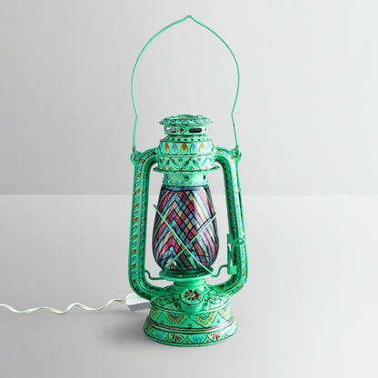 Hand Painted Hurrican Lantern with Bulb : Aqua Green