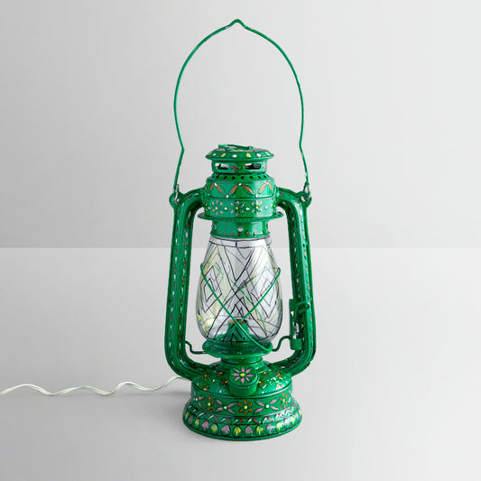 Hand Painted Hurrican Lantern with Bulb : Green