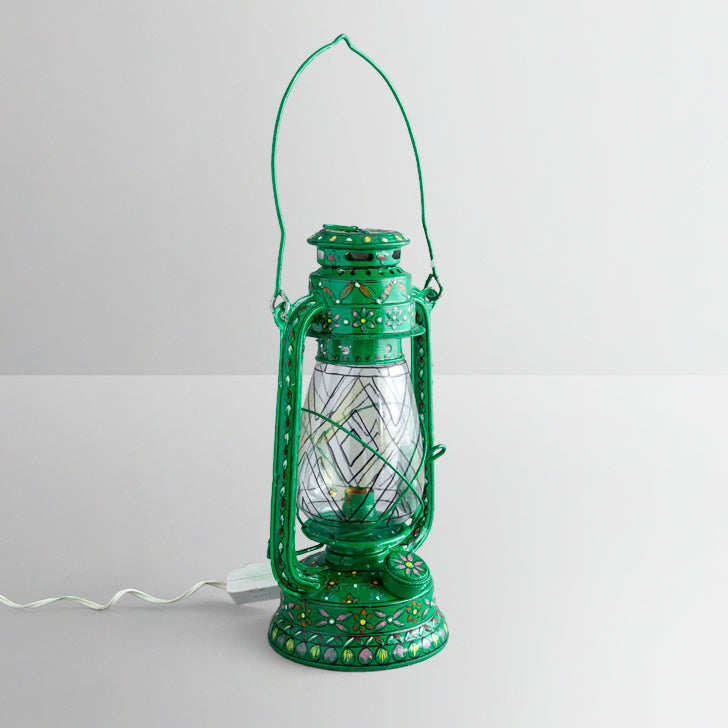 Hand Painted Hurrican Lantern with Bulb : Green