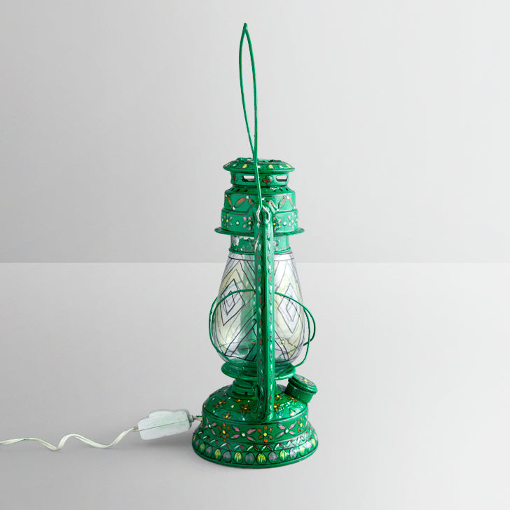 Hand Painted Hurrican Lantern with Bulb : Green