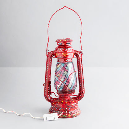 Hand Painted Hurrican Lantern with Bulb : Red