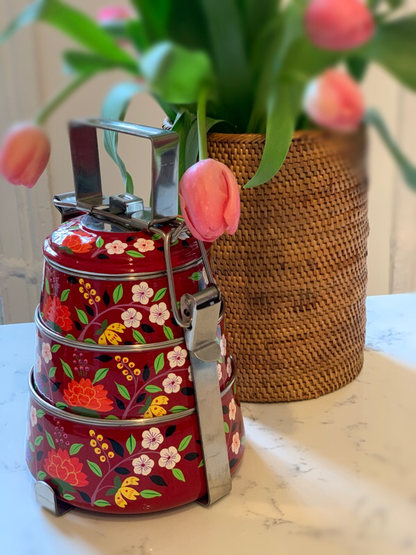 Hand Painted 3 Tier Steel Pyramid Lunch Box- Cherry Red Kashmiri Art