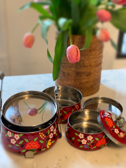 Hand Painted 3 Tier Steel Pyramid Lunch Box- Cherry Red Kashmiri Art