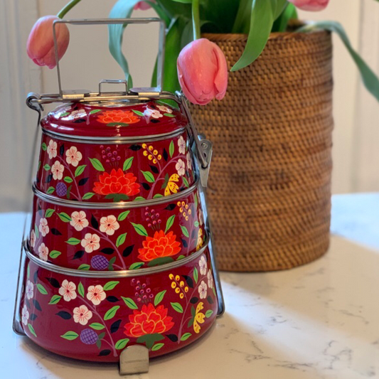 Hand Painted 3 Tier Steel Pyramid Lunch Box- Cherry Red Kashmiri Art