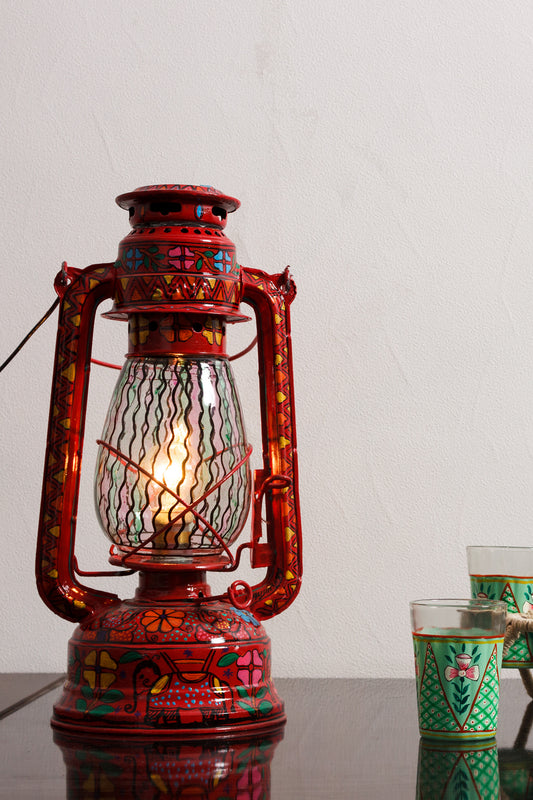 Hand Painted Hurrican Lantern with Bulb : Red Celebration