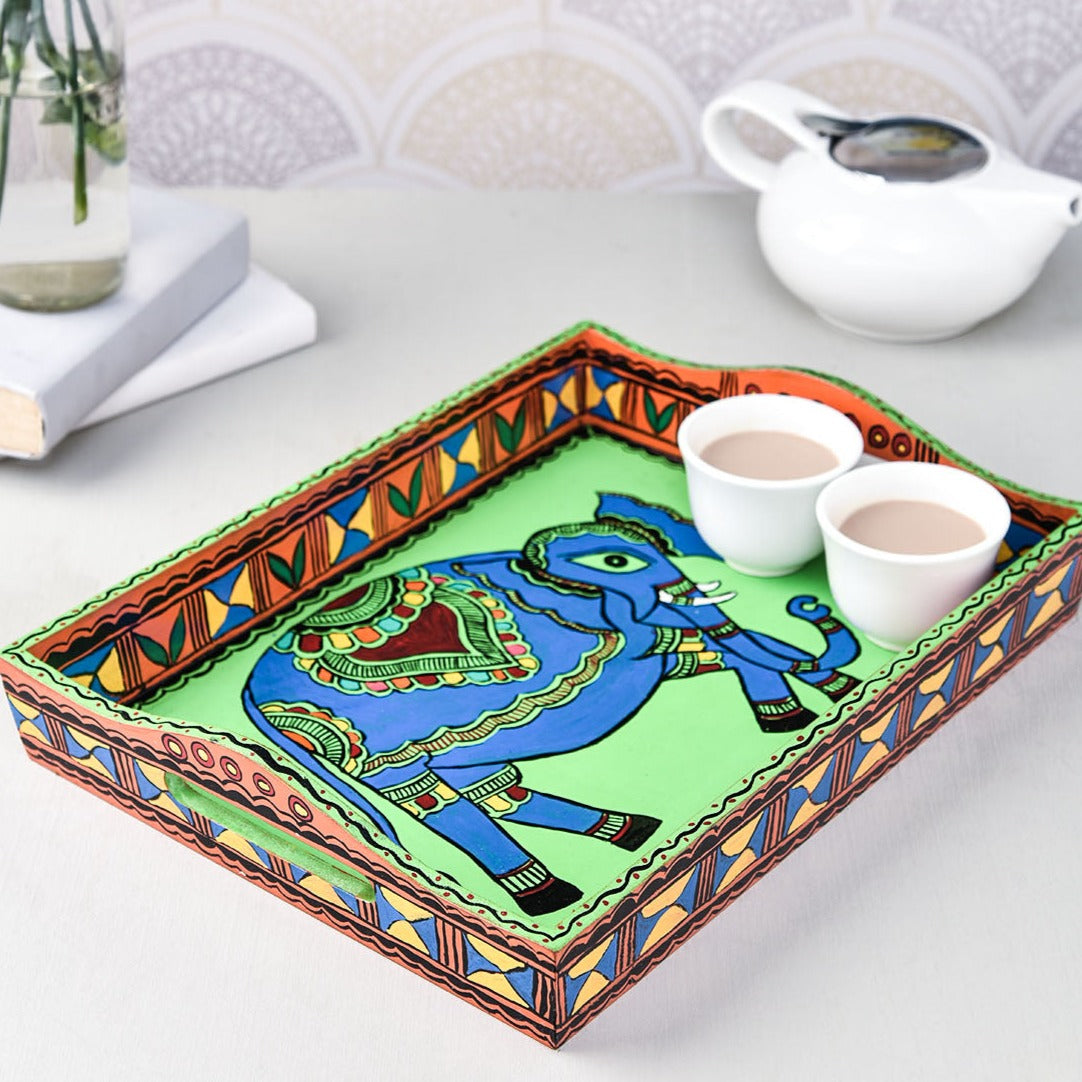 Hand Painted Tray Blue Elephant Madhubani Art