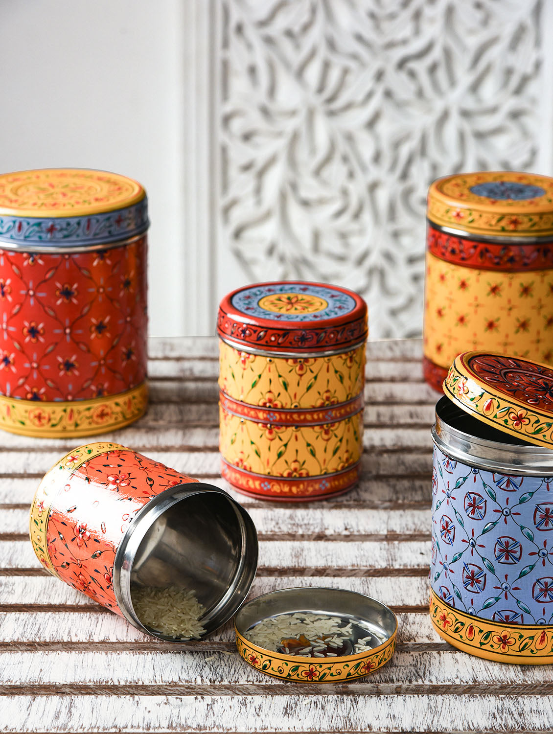 Canister set of 5 containers: Hand Painted Storage Stainless Steel Nesting Jars